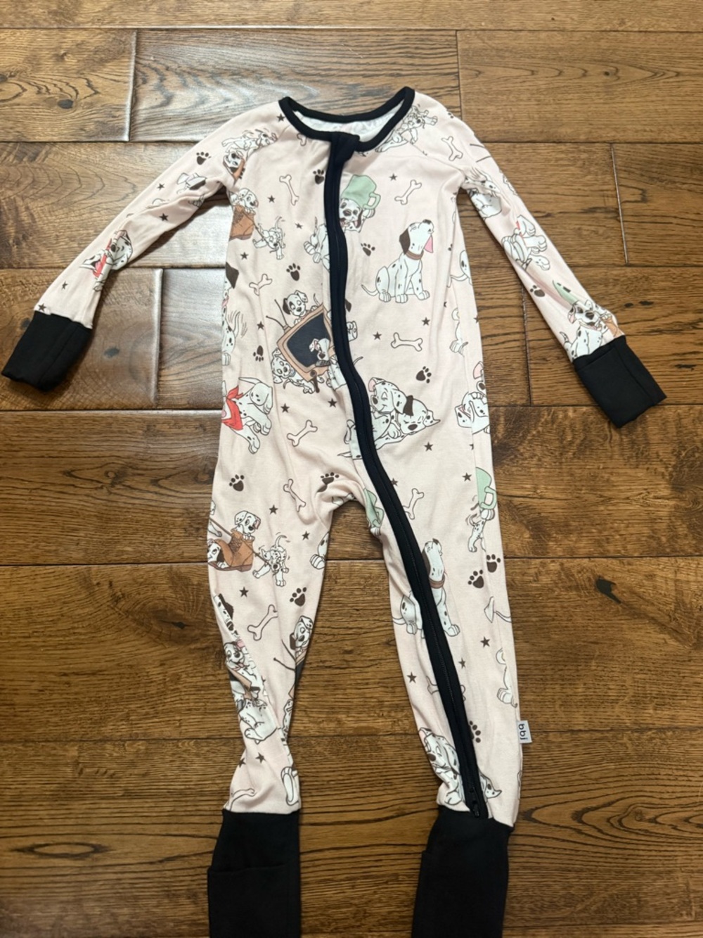 Kids Footie One-Piece Pajamas - Pink Puppy Print with Black Trim